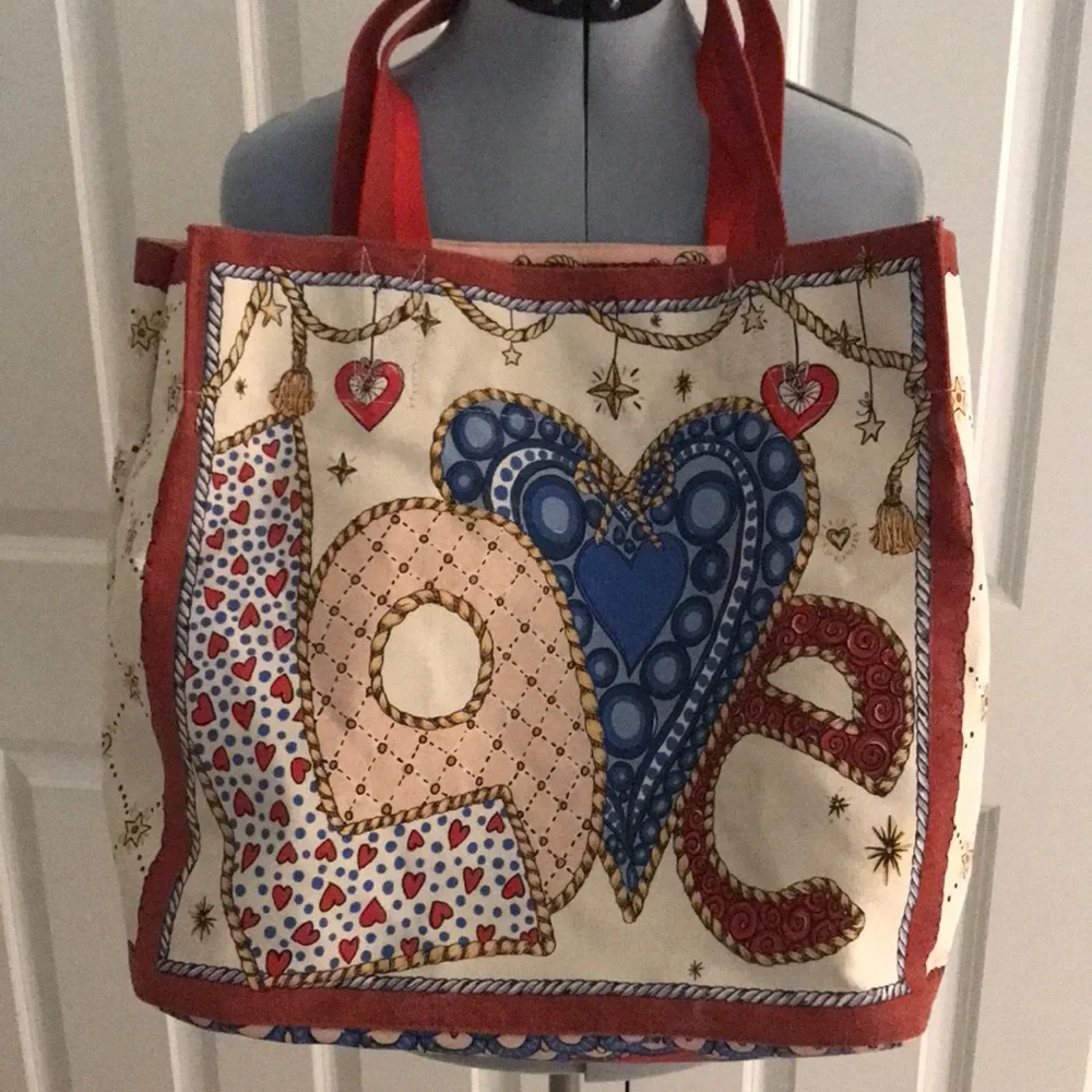 Brighton Love Hearts & Christmas Red & White Colorful Printed Tote Book Bag